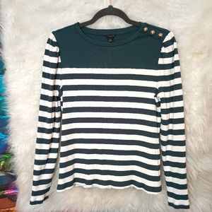 Ann Taylor Petite Green and White Striped Ribbed Long Sleeve Top Size MP